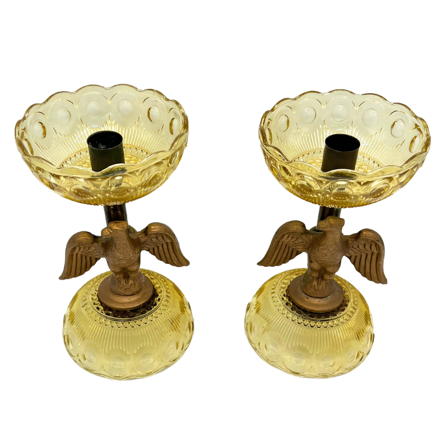 pair of mid-century amber glass eagle candlesticks