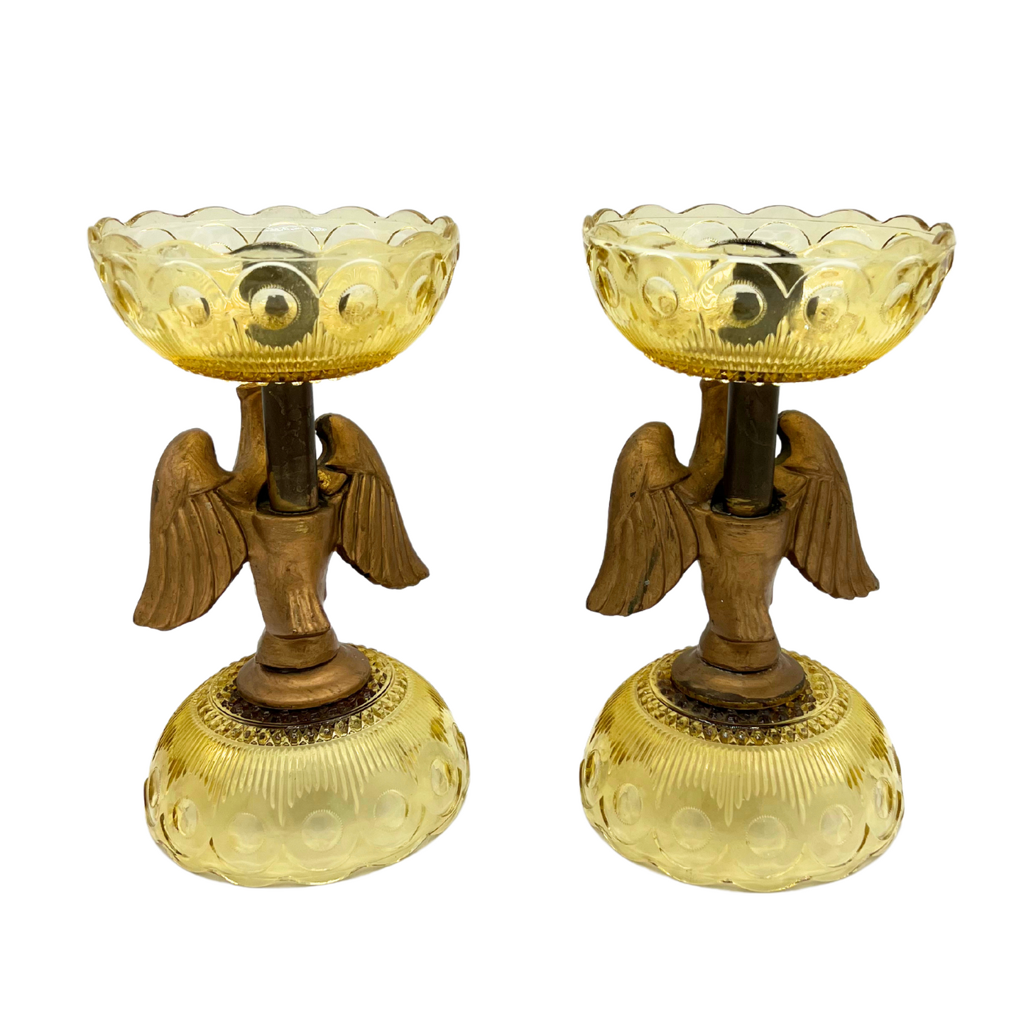 pair of mid-century amber glass eagle candlesticks