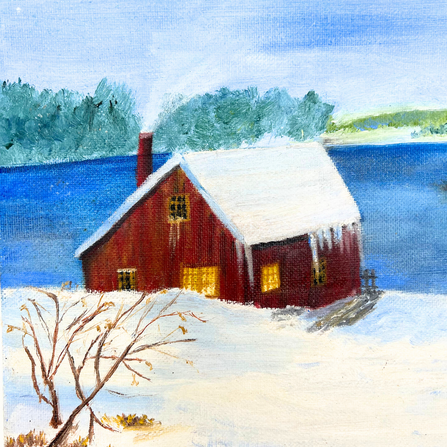 1980 winter seaside painting on board