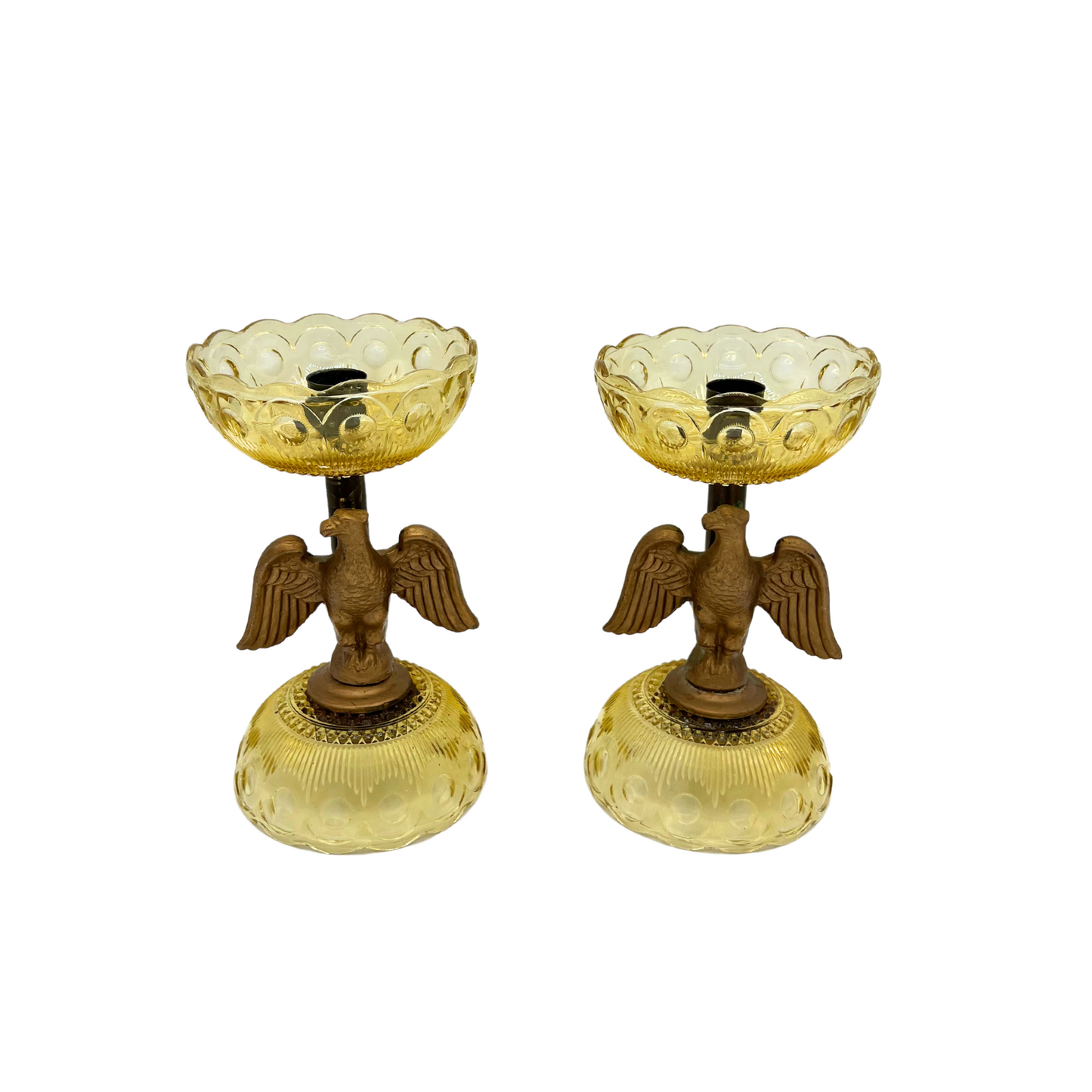pair of mid-century amber glass eagle candlesticks
