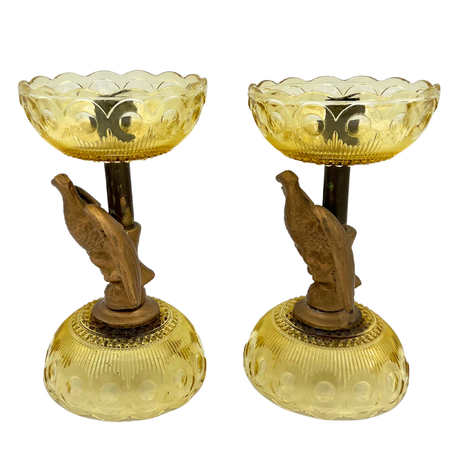 pair of mid-century amber glass eagle candlesticks