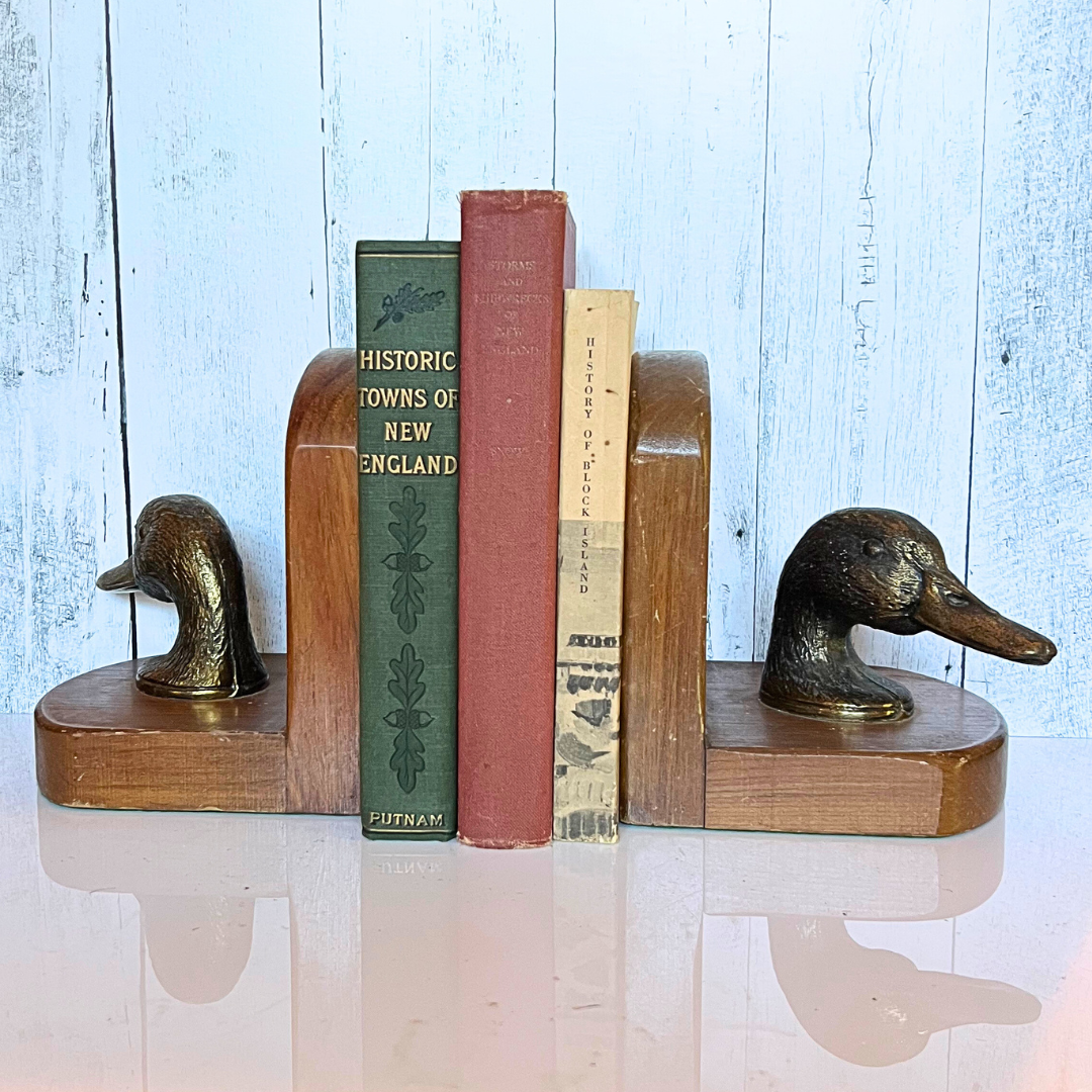 pair of vintage wood and brass duck bookends