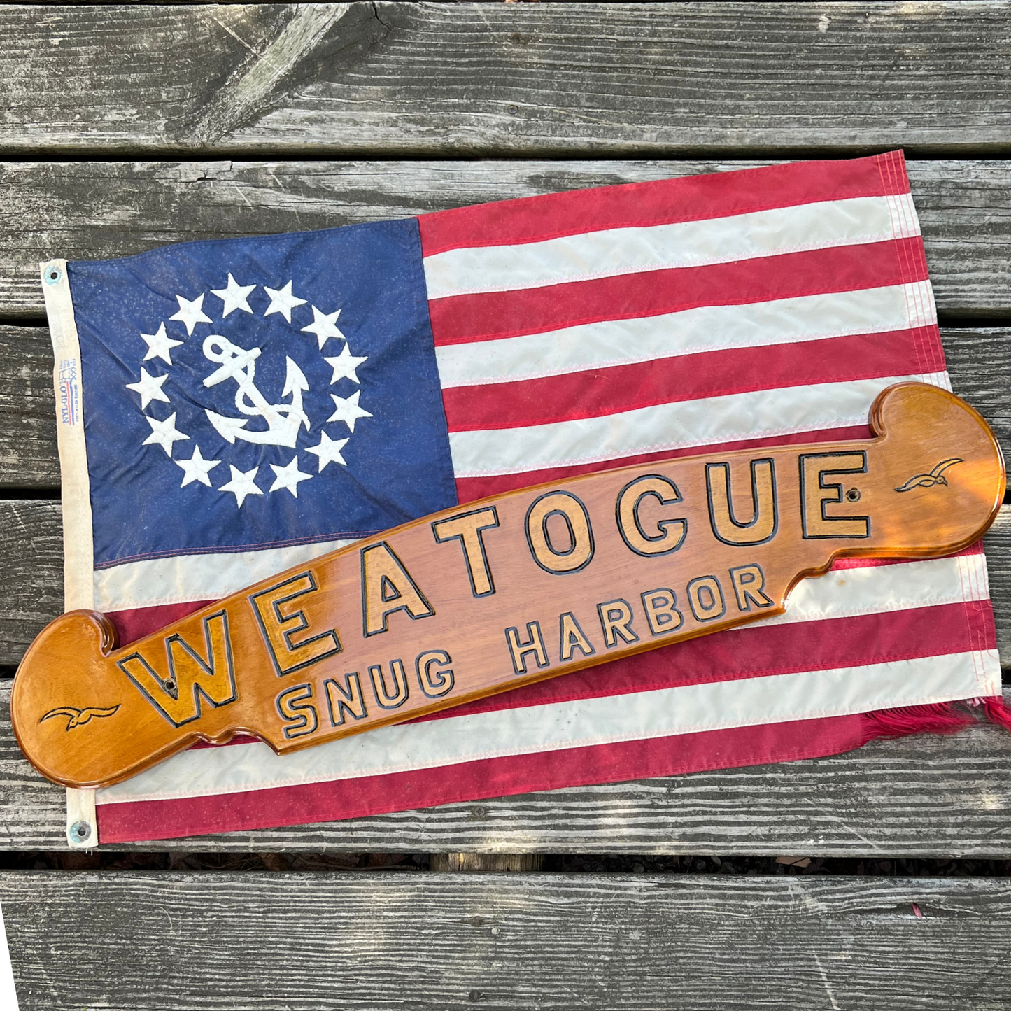 salvaged wooden Weatogue quarterboard