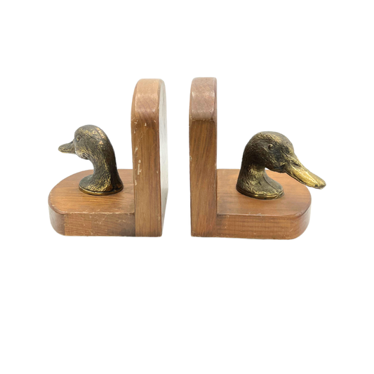 pair of vintage wood and brass duck bookends