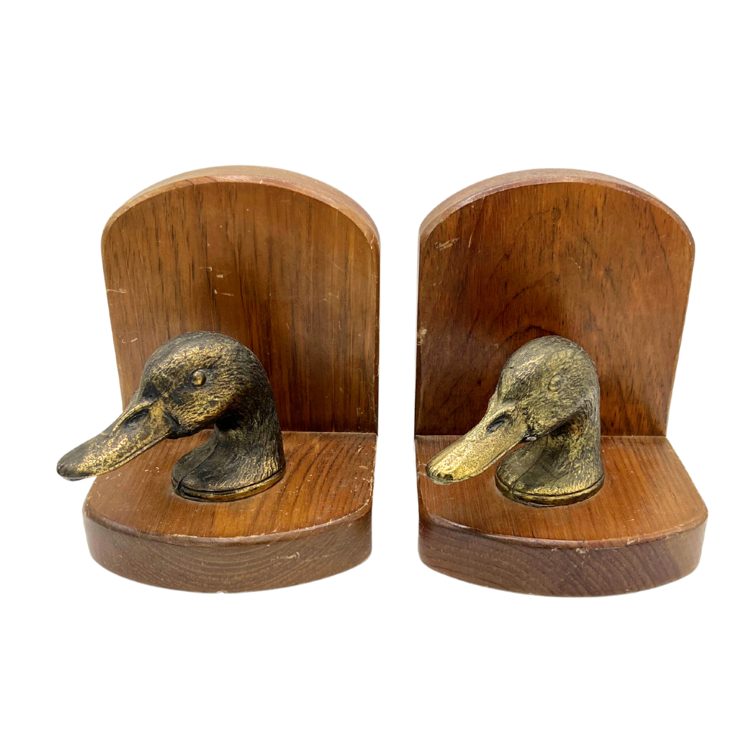 pair of vintage wood and brass duck bookends