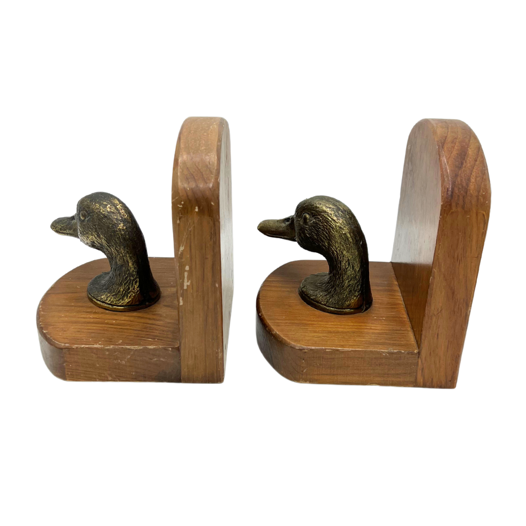 pair of vintage wood and brass duck bookends