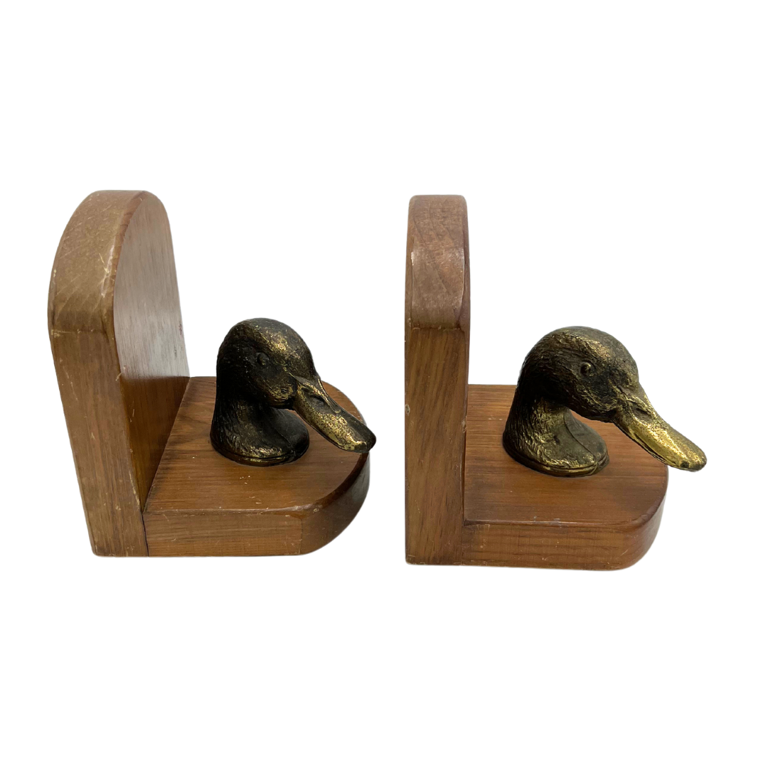 pair of vintage wood and brass duck bookends