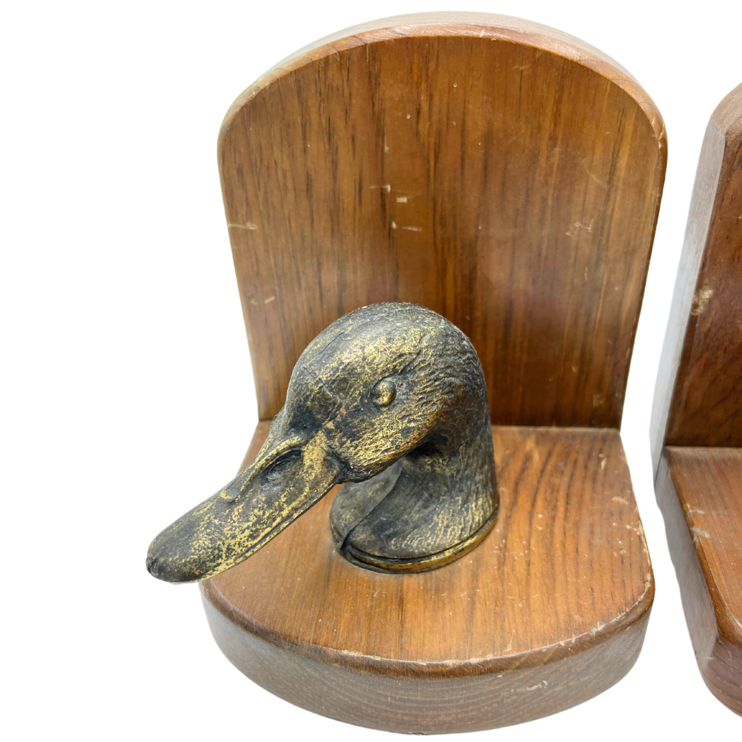 pair of vintage wood and brass duck bookends