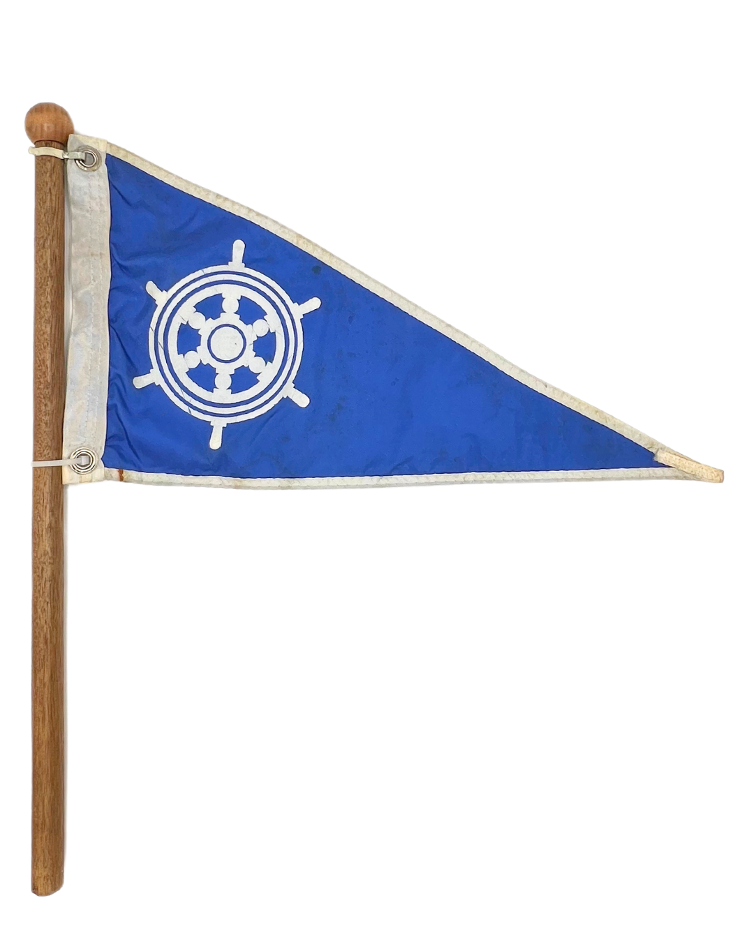 vintage ships wheel burgee on wooden pole